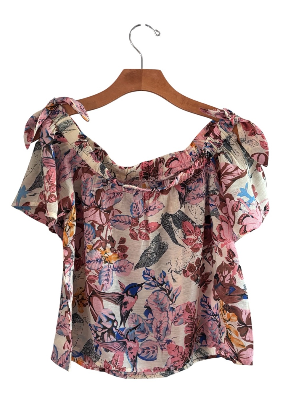 Flying Tomato Pink Floral Off-Shoulder Tie-Shoulder Blouse S Embroidered detail - Picture 3 of 6
